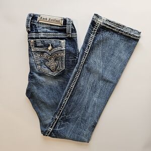Rock Revival "Beet Red" Mid-Rise Bootcut Jeans Size 27 Blue Denim Embellished